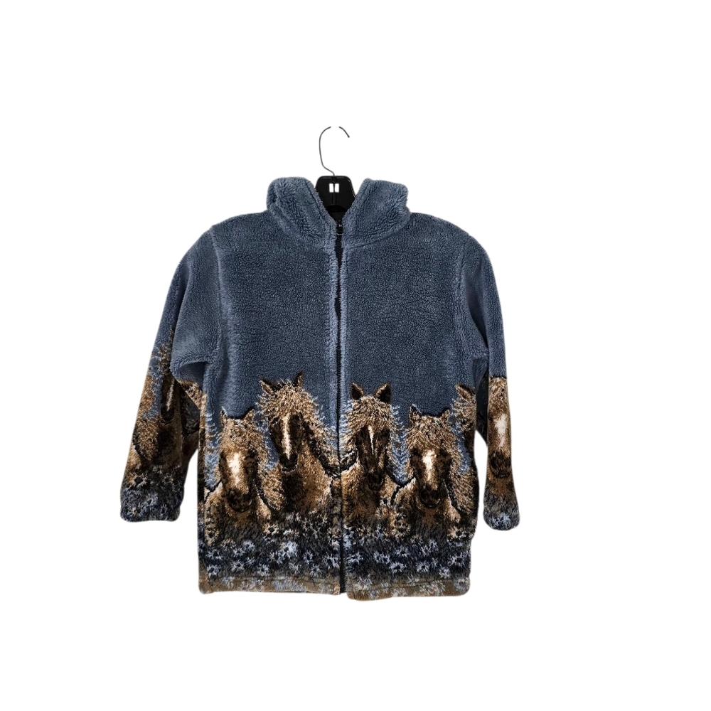 Mazmania Blue Horse Zip Jacket Plush Fleece Kids Medium 7/8 Aquestrian Ranchwear